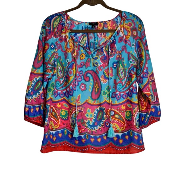 Talbots Women’s MP Boho PaisleyTop Tassels V-neck Multicoloured Festival Cotton - Picture 1 of 7